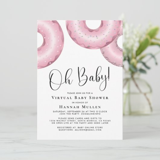 Donuts Virtual Baby shower Pink-uitnodiging Kaart (Staand voorkant)