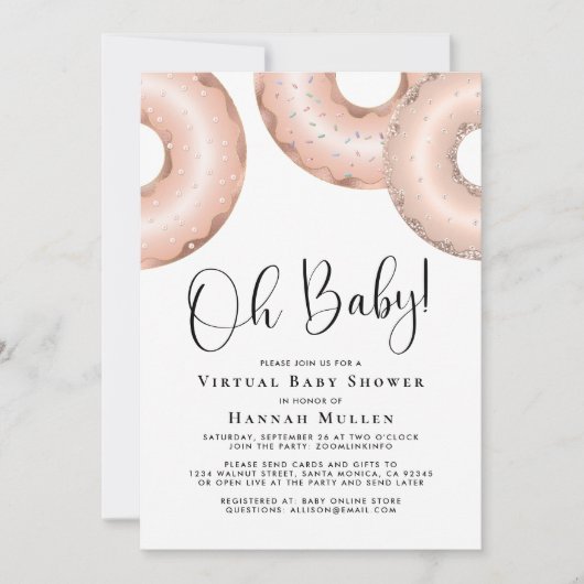 Donuts Virtual Baby shower Roos Gold Invitation Kaart (Voorkant)