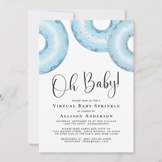 Donuts Virtual Baby Sprinkle Blue Invitation Kaart (Voorkant)