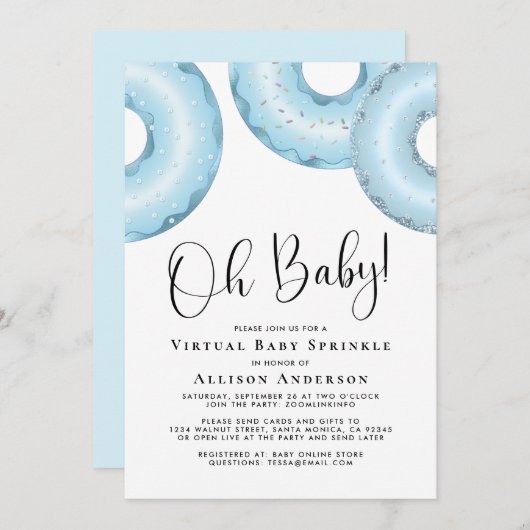 Donuts Virtual Baby Sprinkle Blue Invitation Kaart (Voorkant / Achterkant)