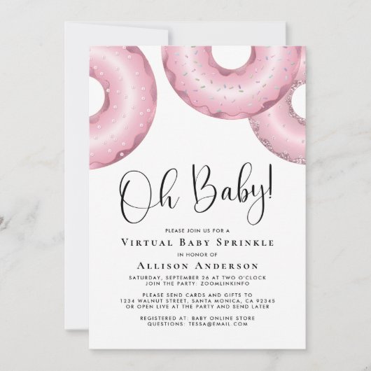 Donuts Virtual Baby Sprinkle Pink Invitation Kaart (Voorkant)