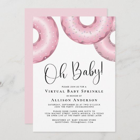 Donuts Virtual Baby Sprinkle Pink Invitation Kaart (Voorkant / Achterkant)