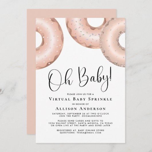 Donuts Virtual Baby Sprinkle Roos Gold Invitation Kaart (Voorkant / Achterkant)