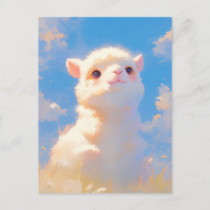 Donzige Baby Witte Alpaca in Zonnige Blauwe Lucht Briefkaart