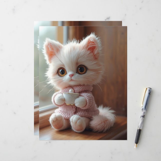 Donzige witte en lichtroze kat scrapbookpapier (Voorkant / Achterkant in situ)