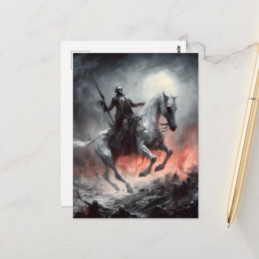 Dood aan een Bleke Paard Macabre AI Art Briefkaart (Voorkant / Achterkant in situ)