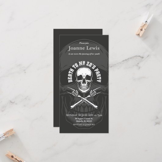 Dood aan mijn 20e verjaardag uitnodiging, 30e verj (Voorkant / Achterkant in situ)