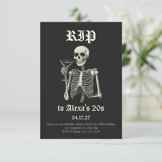 Dood aan mijn 20s verjaardag uitnodiging | skelet (Staand voorkant)