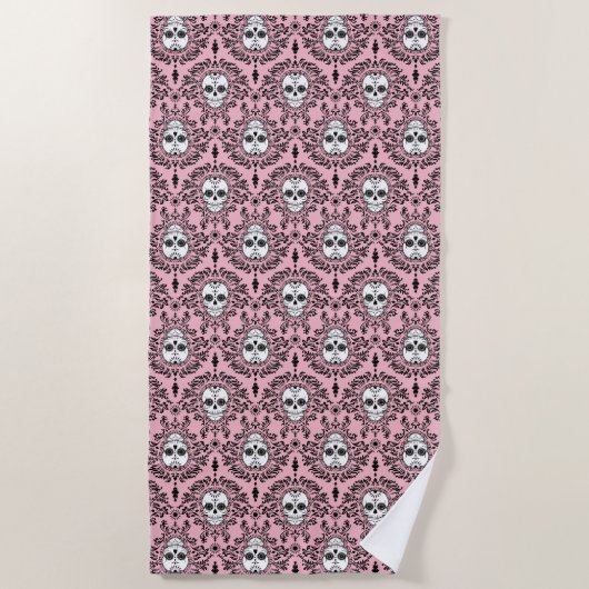 Dood Damask Black op Roze Sugar Skull Pattern Strandlaken (Voorkant)