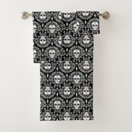 Dood Damask Black & White Sugar Skull Bath Set Bad Handdoek (Insitu)
