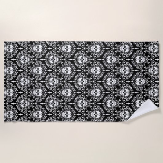 Dood Damask Black & White Sugar Skulls Pattern Strandlaken (Voorkant)