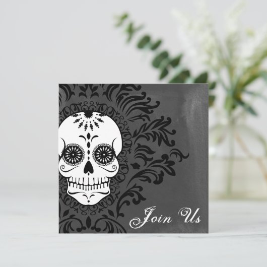 Dood Damask Sugar Skull op Grey Waterverf Kaart (Staand voorkant)