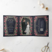 Dood Do Us Part Roos Blauw Gotische bruiloft QR-co Drieluik Uitnodiging (Binnen)