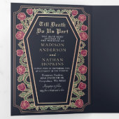 Dood Do Us Part Roos Blauw Gotische bruiloft QR-co Drieluik Uitnodiging (Binnenzijde eerst)