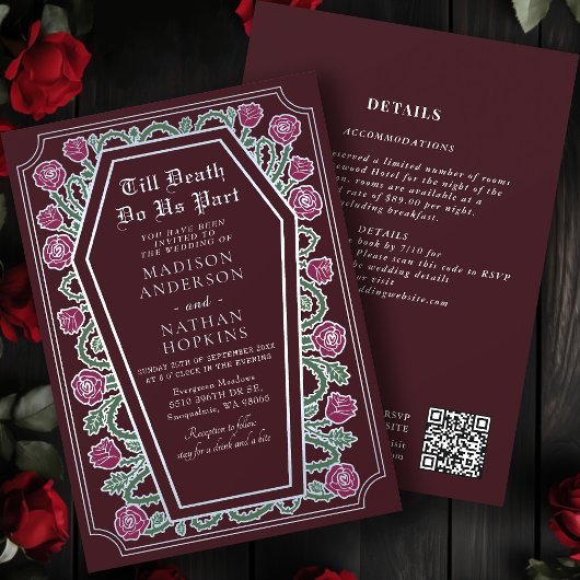 Dood Do Us Part Roos Rood Gotisch Huwelijk QR Code Kaart