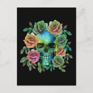 DOOD GROENE SCHEDEL MET BLOEMEN BRIEFKAART