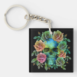 DOOD GROENE SCHEDEL MET BLOEMEN SLEUTELHANGER