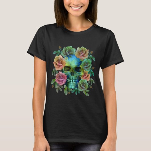 DOOD GROENE SCHEDEL MET BLOEMEN T-SHIRT (Voorkant)