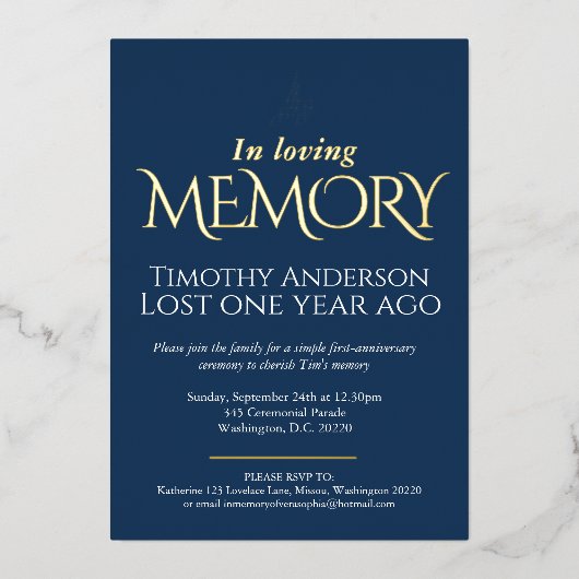 Dood Jubileum witte duif blauwe witte foto Folie Uitnodiging (Voorkant)