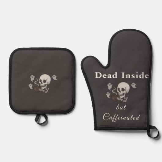 Dood van binnen maar wel g caffeïne – Halloween ku Ovenwant & Pannenlap Set (Voorkant)