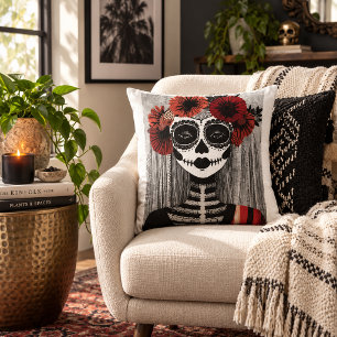 Doodenherdenking Skeletvrouw met Rode Bloemen Kussen