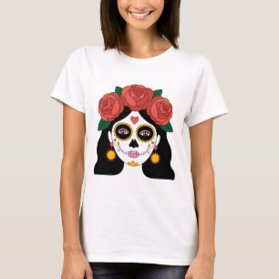 Doodenherdenkingsvrouw Suiker Schedel met Rode Roz T-shirt