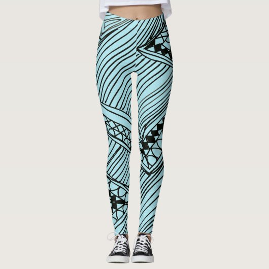 Doodle 1A Black Aqua Blue Leggings (Voorkant)
