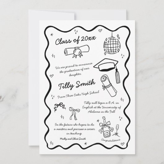 Doodle Afstuderen Aankondiging Meisje 4 Foto's (Voorkant)