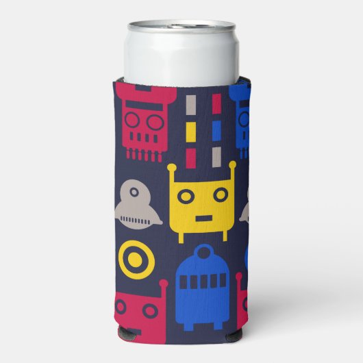 Doodle Alien Ruimteschip en Robot Patroon Seltzer Blikjeskoeler (Seltzer Voorkant)