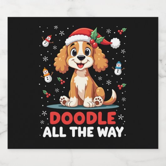 Doodle All The Way Funny Goldendoodle Santa Hat Ch Sparkling Wijnetiket (Enkel label)