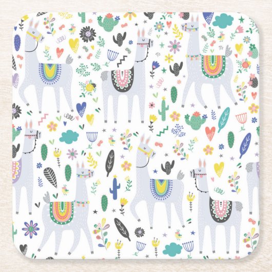 Doodle Alpaca Pattern Kartonnen Onderzetters (Voorkant)