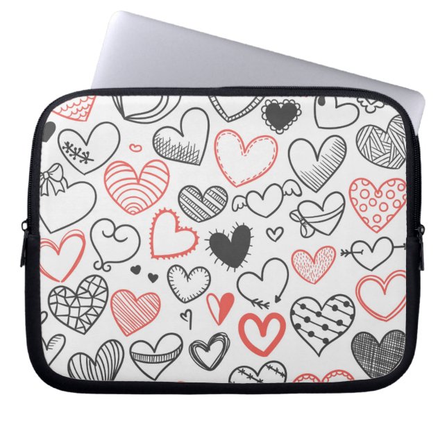 Doodle art harten rode en zwarte hipster valentijn laptop sleeve (Voorkant)