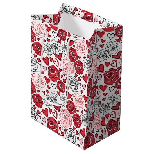 Doodle Art Style Red Pink Roses Hearts Valentine's Medium Cadeauzakje (Voorkant Gekanteld)