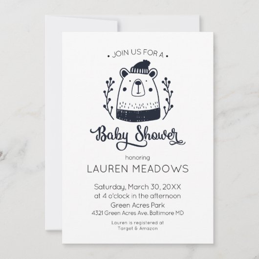 Doodle Beer Winter Baby shower Kaart (Voorkant)