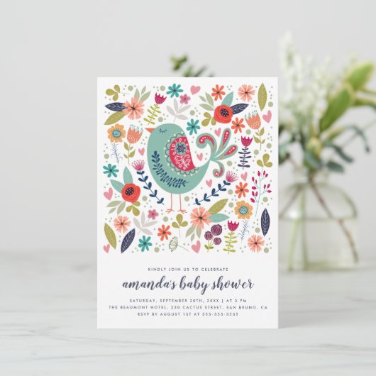Doodle Bird Spring Baby Girl Baby shower Kaart (Staand voorkant)