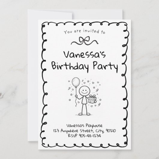 Doodle Birthday Invitation- Stick Figure Invite Kaart (Voorkant)
