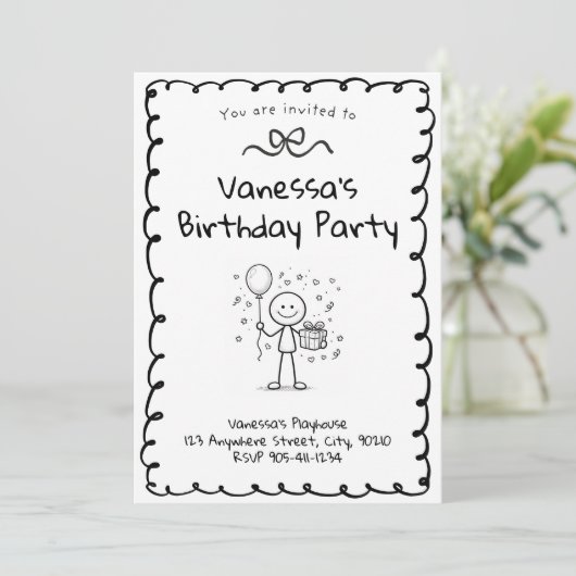 Doodle Birthday Invitation- Stick Figure Invite Kaart (Staand voorkant)