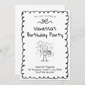 Doodle Birthday Invitation- Stick Figure Invite Kaart (Voorkant / Achterkant)
