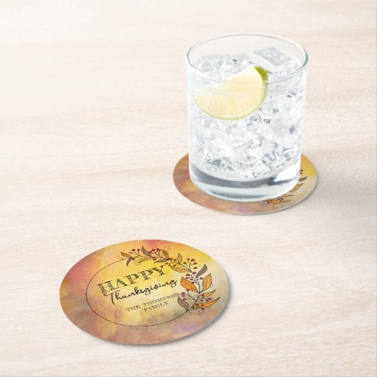 Doodle bladeren & bessen Thanksgiving krans Ronde Kartonnen Onderzetter (Insitu)