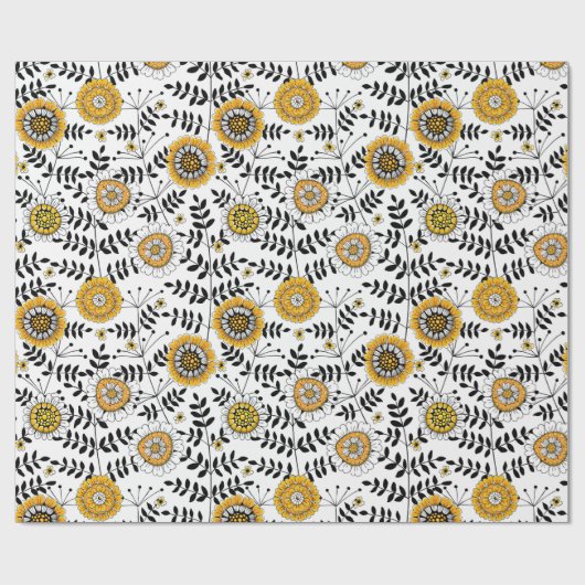 Doodle bloemen en bladeren in geel en zwart cadeaupapier (Vlak)