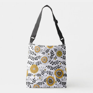 Doodle bloemen en bladeren in geel en zwart crossbody tas
