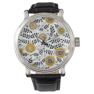 Doodle bloemen en bladeren in geel en zwart horloge