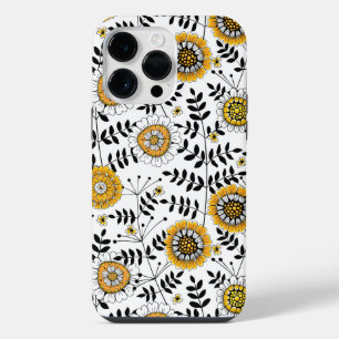 Doodle bloemen en bladeren in geel en zwart iPhone 14 pro max hoesje