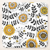 Doodle bloemen en bladeren in geel en zwart kartonnen onderzetters (Voorkant)