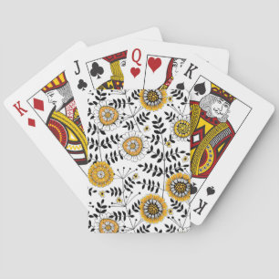 Doodle bloemen en bladeren in geel en zwart pokerkaarten