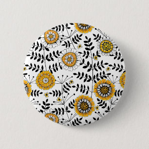 Doodle bloemen en bladeren in geel en zwart ronde button 5,7 cm