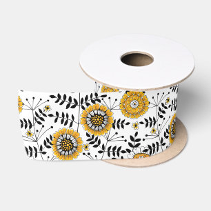 Doodle bloemen en bladeren in geel en zwart satijnen lint