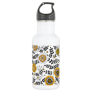 Doodle bloemen en bladeren in geel en zwart waterfles