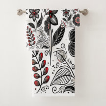 Doodle bloemen en bladeren in rood en zwart
