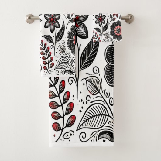 Doodle bloemen en bladeren in rood en zwart bad handdoek (Insitu)